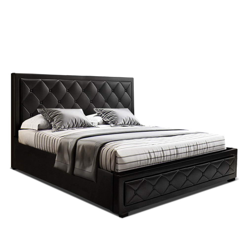 Queen Bed Frame With Gas Lift Storage and Headboard - Black Leather