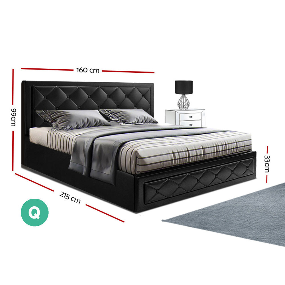 Queen Bed Frame With Gas Lift Storage and Headboard - Black Leather