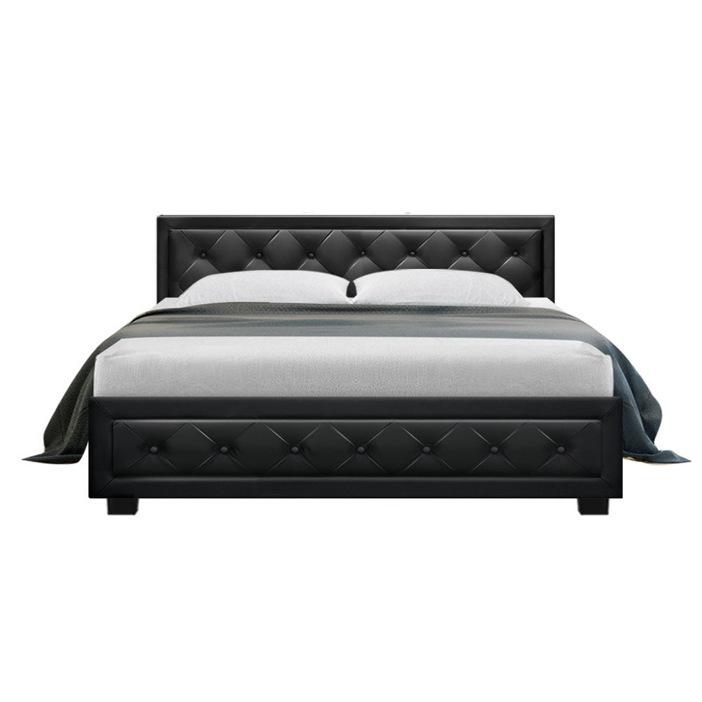 Queen Bed Frame With Gas Lift Storage and Headboard - Black Leather