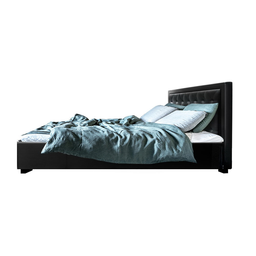 Queen Bed Frame With Gas Lift Storage and Headboard - Black Leather