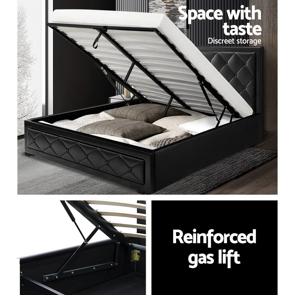 Queen Bed Frame With Gas Lift Storage and Headboard - Black Leather