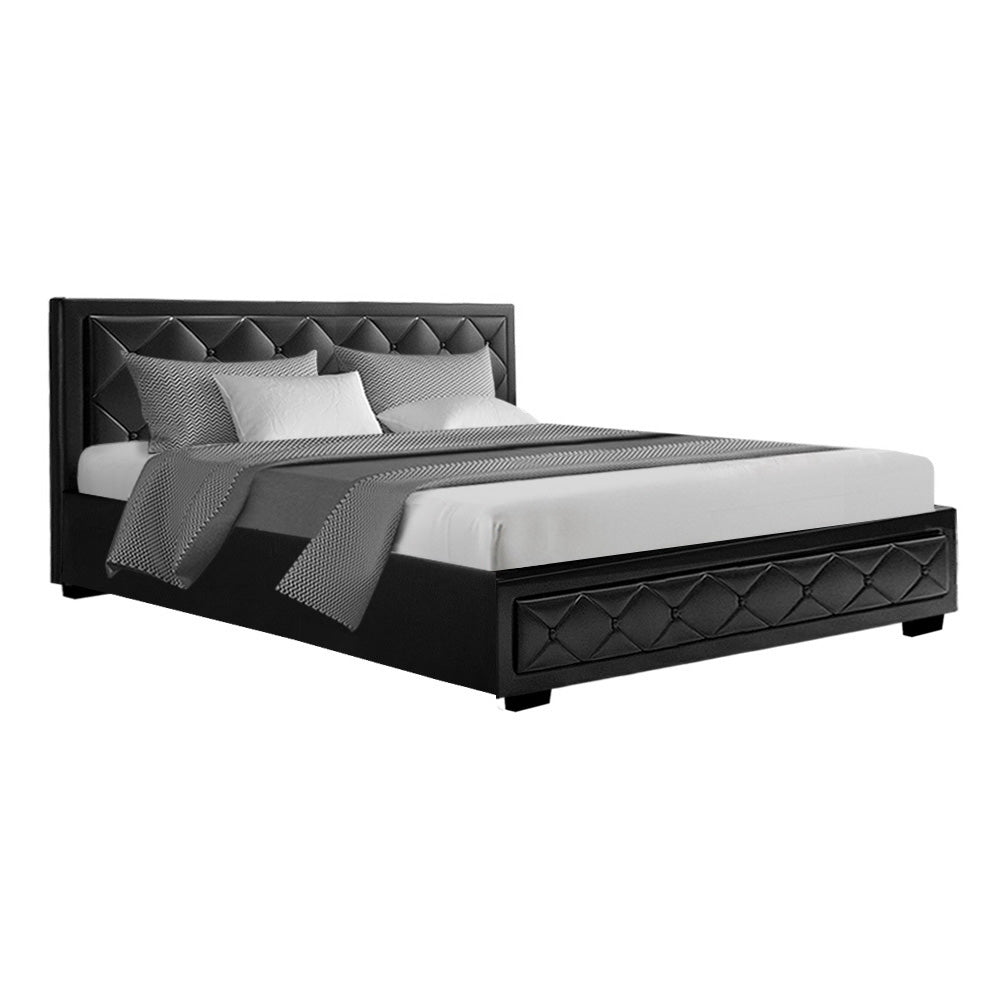 King Size Bed Frame With Gas Lift Storage and Headboard PU Leather  - Black