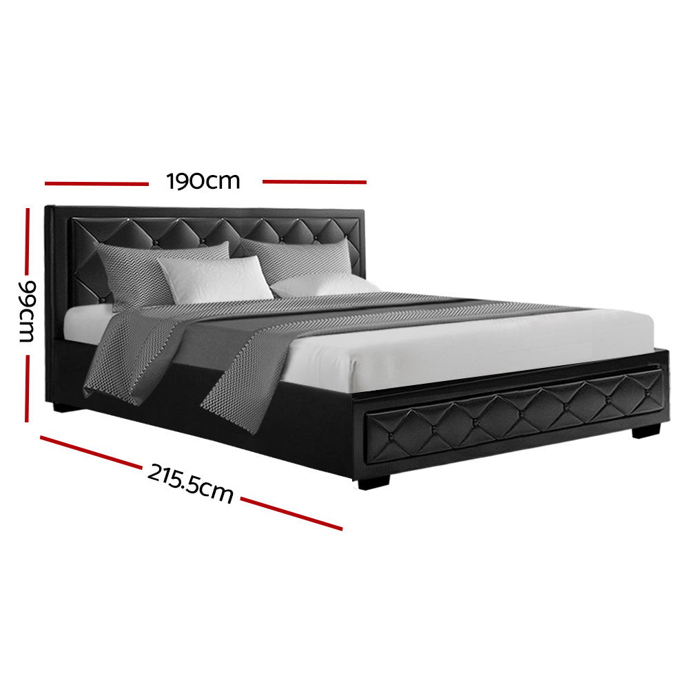 King Size Bed Frame With Gas Lift Storage and Headboard PU Leather  - Black