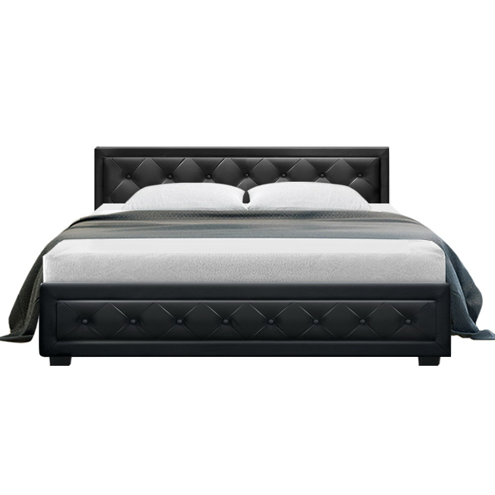 King Size Bed Frame With Gas Lift Storage and Headboard PU Leather  - Black