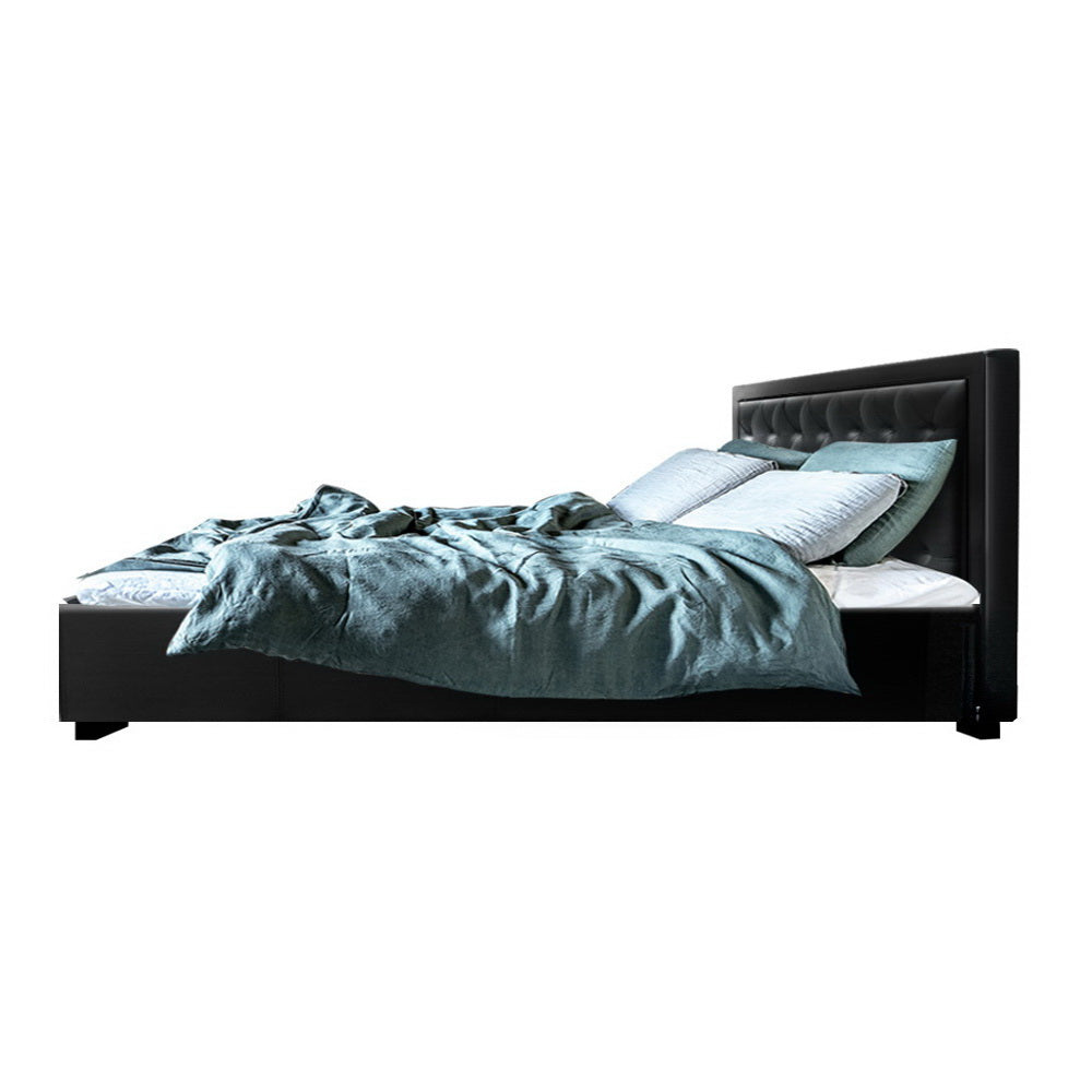 King Size Bed Frame With Gas Lift Storage and Headboard PU Leather  - Black
