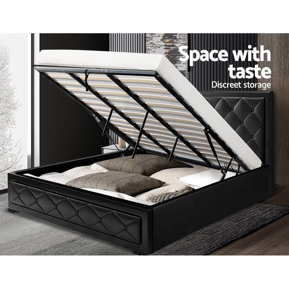 King Size Bed Frame With Gas Lift Storage and Headboard PU Leather  - Black