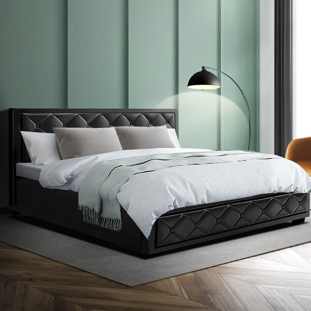 King Size Bed Frame With Gas Lift Storage and Headboard PU Leather  - Black