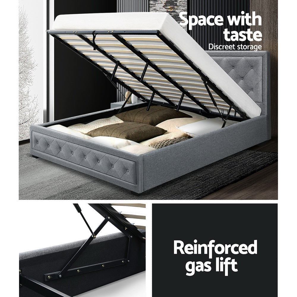 King Size Bed Frame With Gas Lift Storage - Grey Fabric