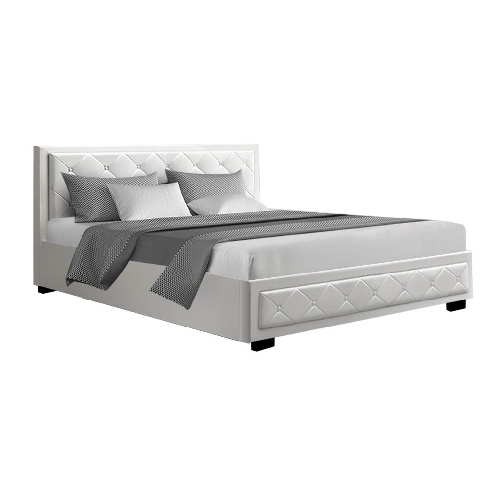 King Size Bed Frame With Gas Lift Storage - White Leather