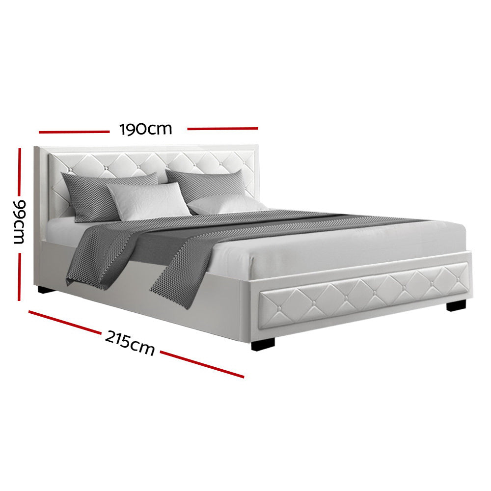King Size Bed Frame With Gas Lift Storage - White Leather