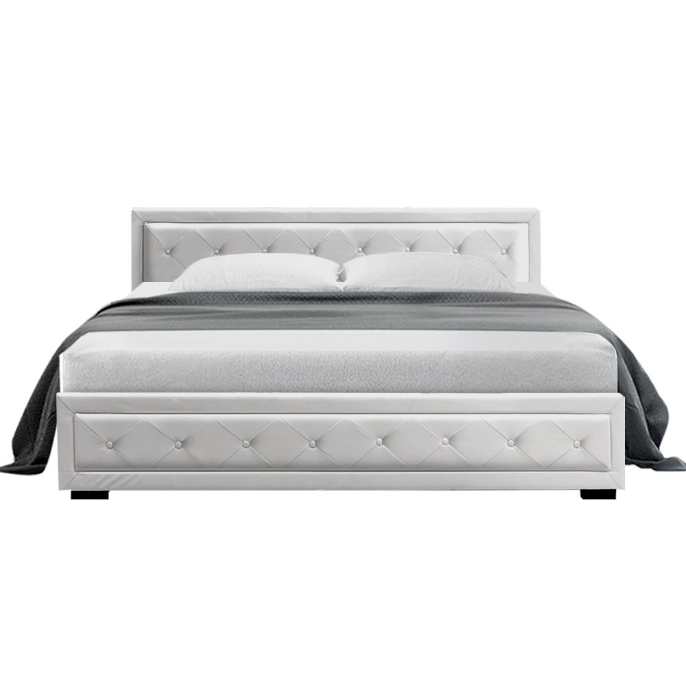 King Size Bed Frame With Gas Lift Storage - White Leather
