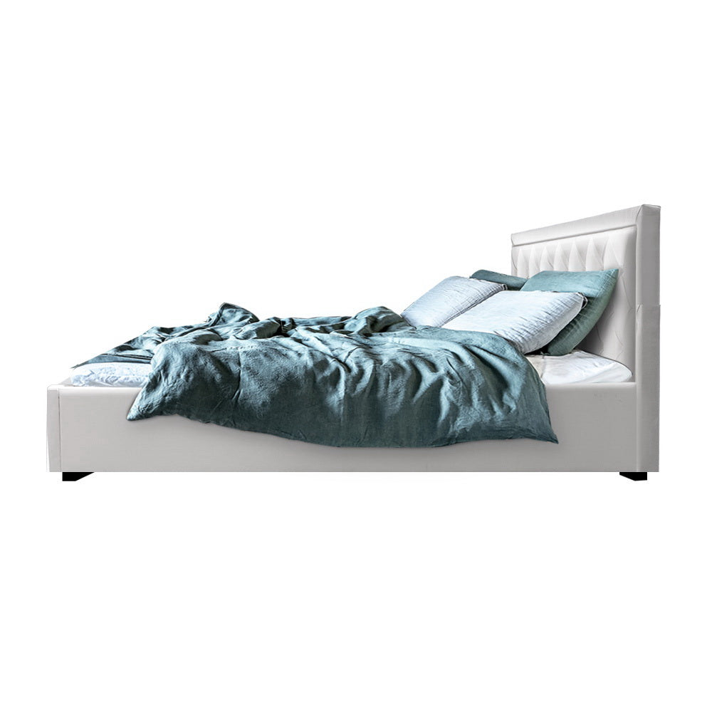 King Size Bed Frame With Gas Lift Storage - White Leather