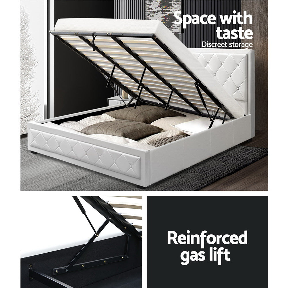 King Size Bed Frame With Gas Lift Storage - White Leather