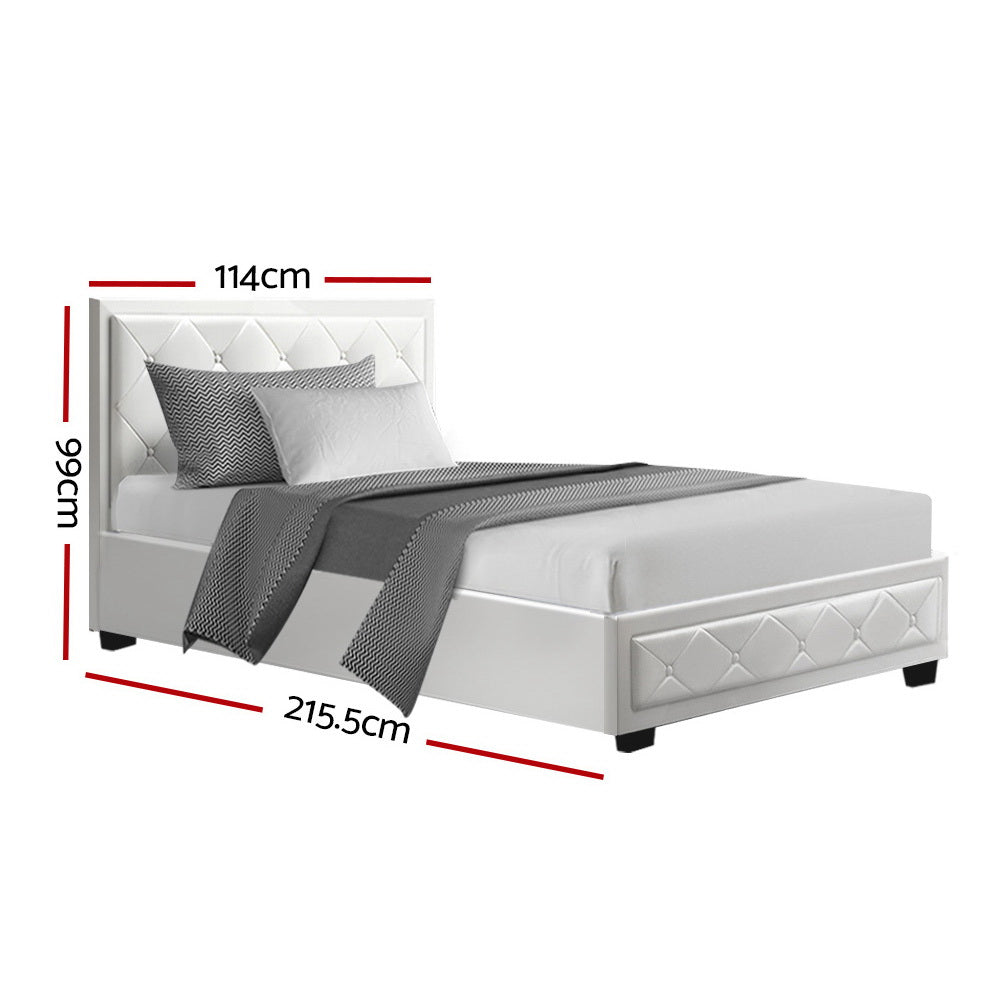 King Single Bed With Gas Lift Storage PU Leather - White