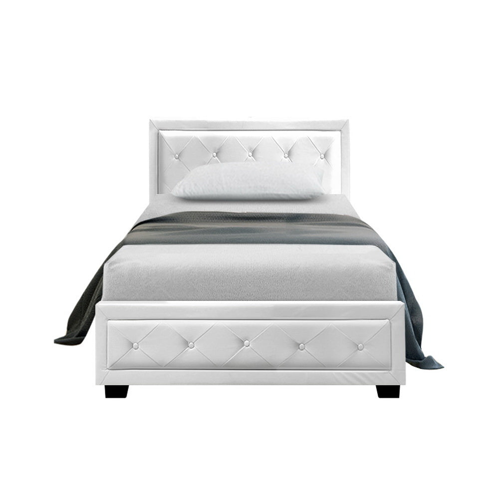 King Single Bed With Gas Lift Storage PU Leather - White