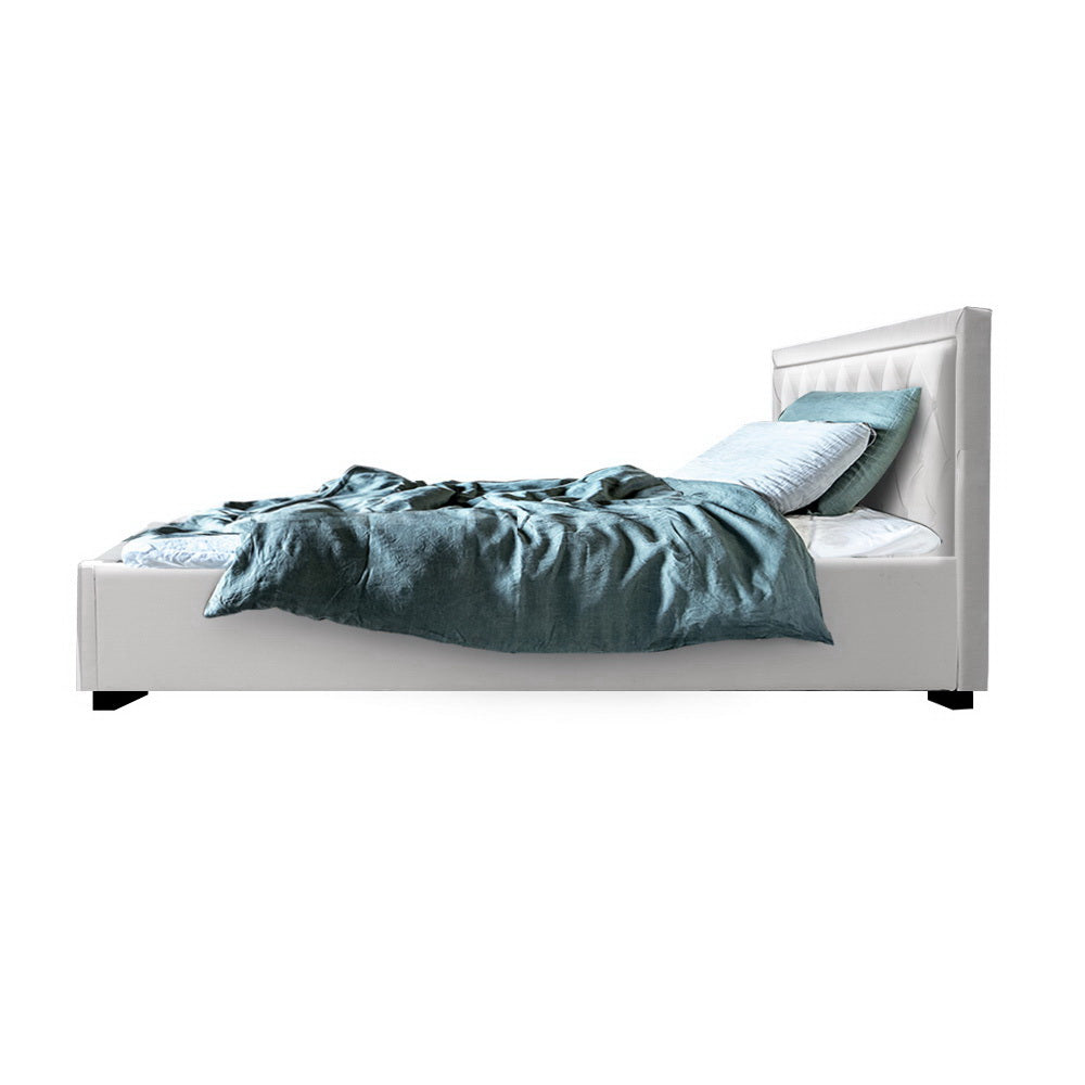King Single Bed With Gas Lift Storage PU Leather - White