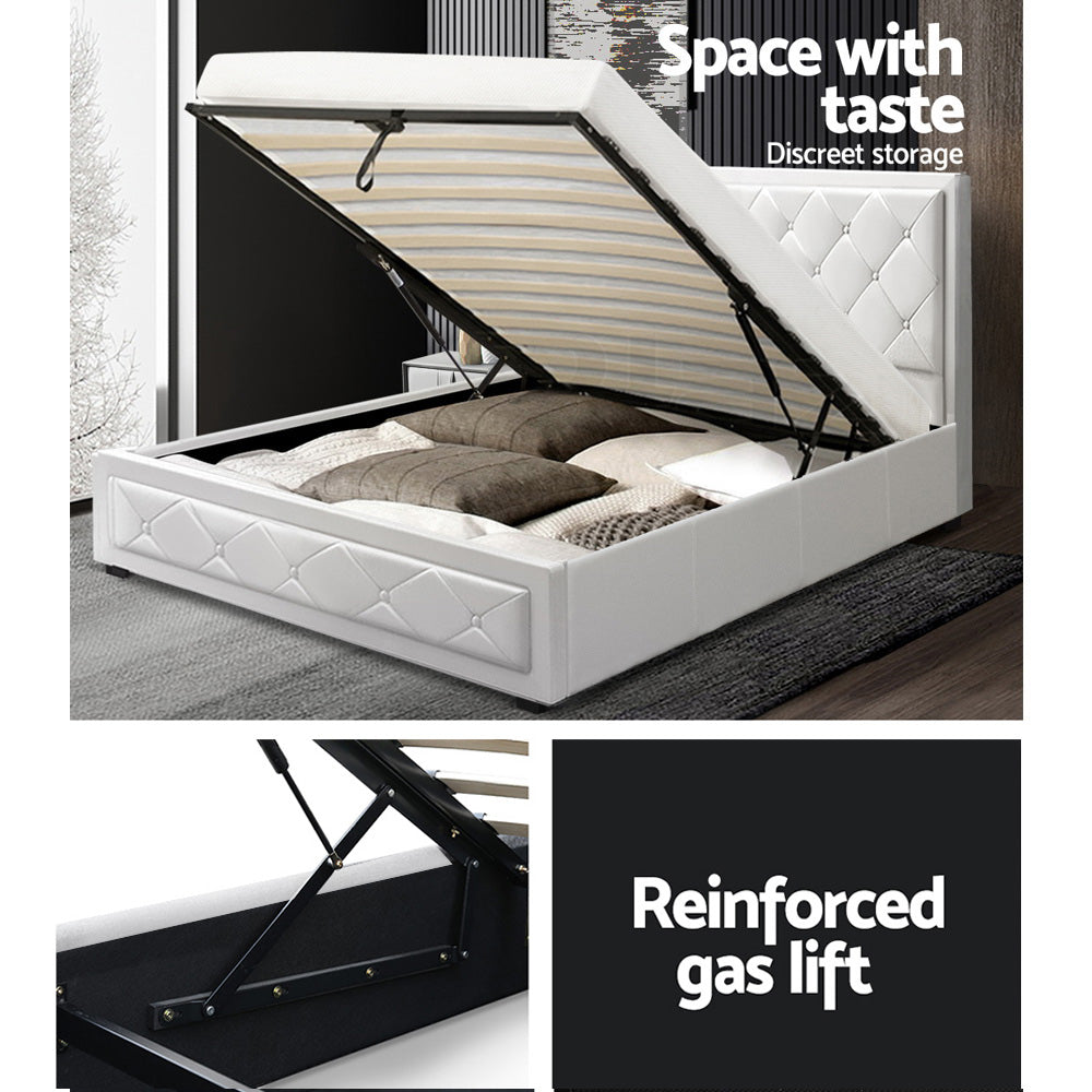 King Single Bed Frame With Gas Lift Storage PU Leather - White