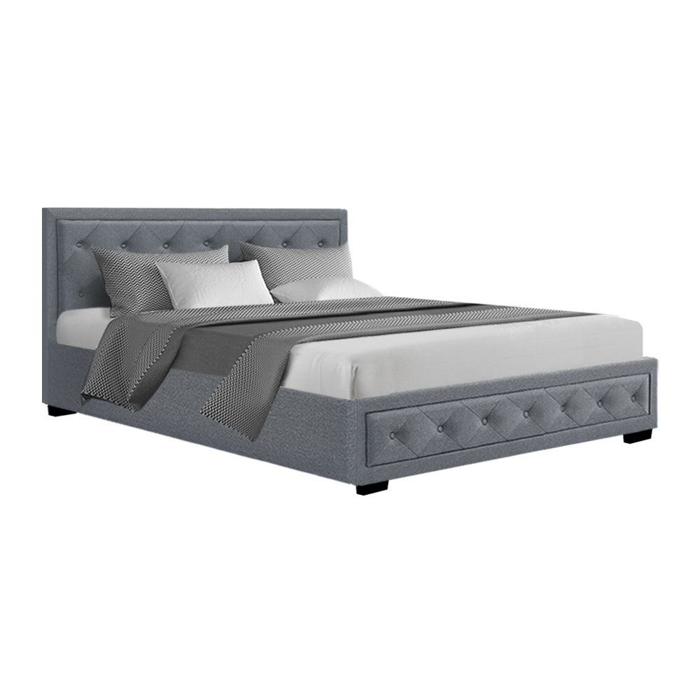 Queen Sized Bed Frame Fabric With Gas Lift Storage - Grey