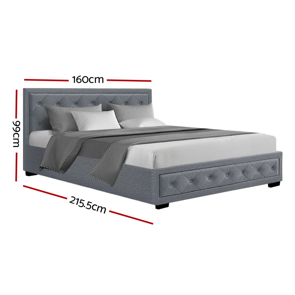 Queen Sized Bed Frame Fabric With Gas Lift Storage - Grey