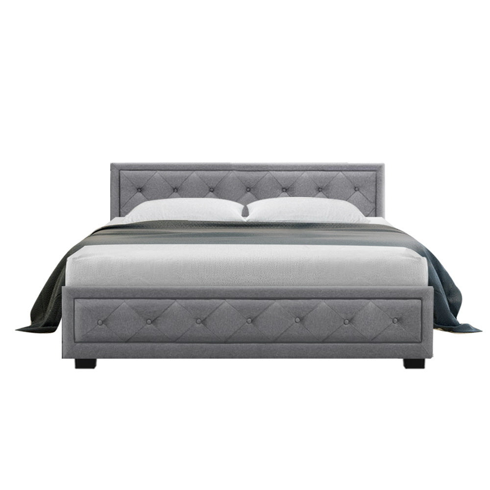 Queen Sized Bed Frame Fabric With Gas Lift Storage - Grey