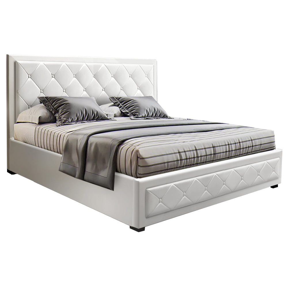 Queen Size Bed Frame With Headboard and Gas Lift Storage - White Leather