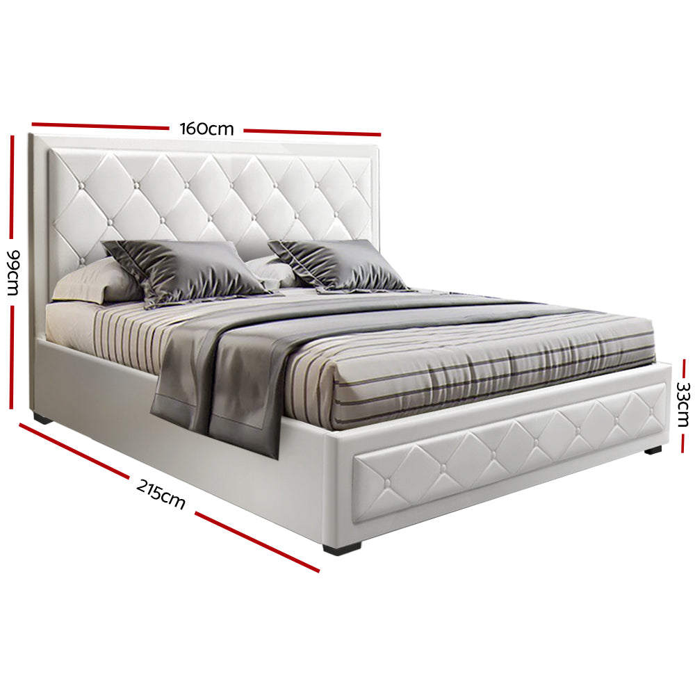 Queen Bed Frame With Headboard and Gas Lift Storage - White Leather