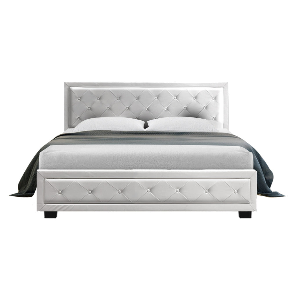 Queen Bed Frame With Headboard and Gas Lift Storage - White Leather
