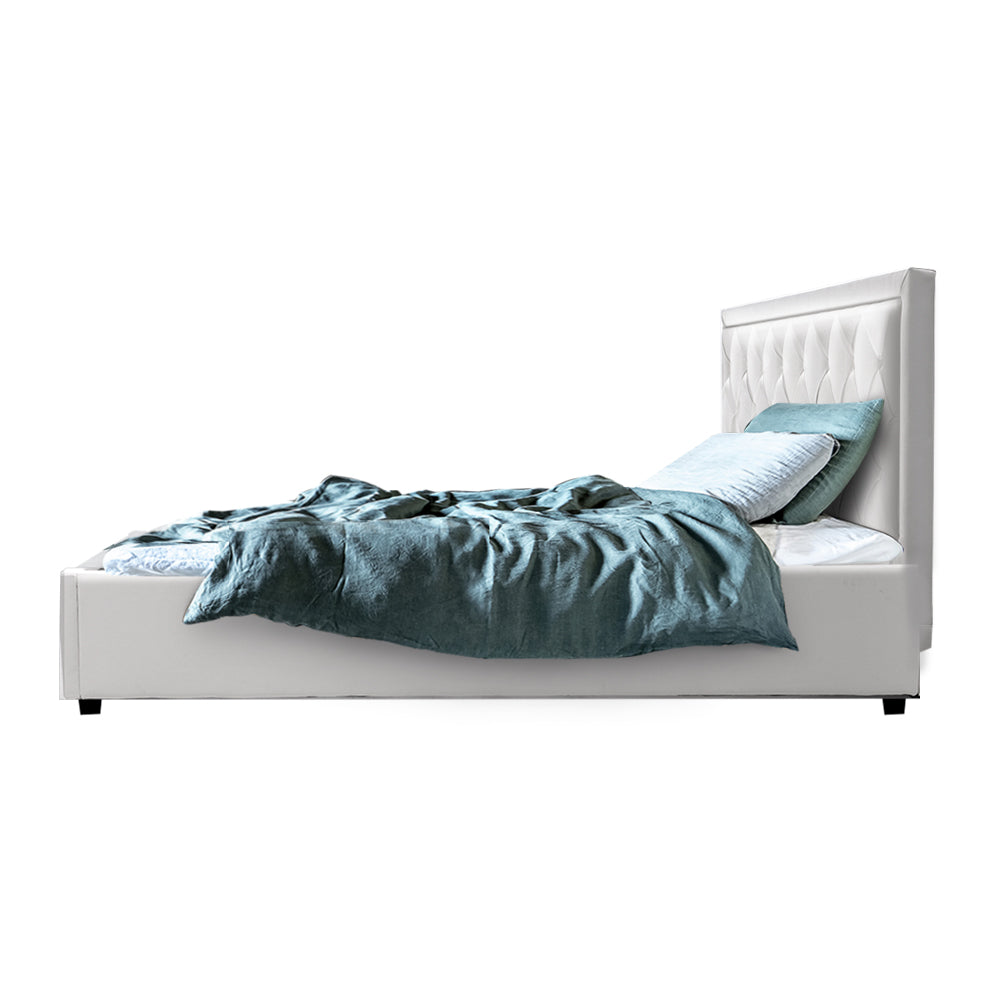 Queen Bed Frame With Headboard and Gas Lift Storage - White Leather
