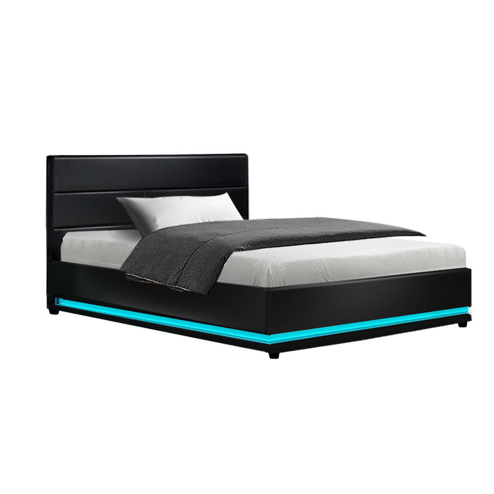 King Single Bed Frame With Gas Lift Storage & RGB LED in Black Leather