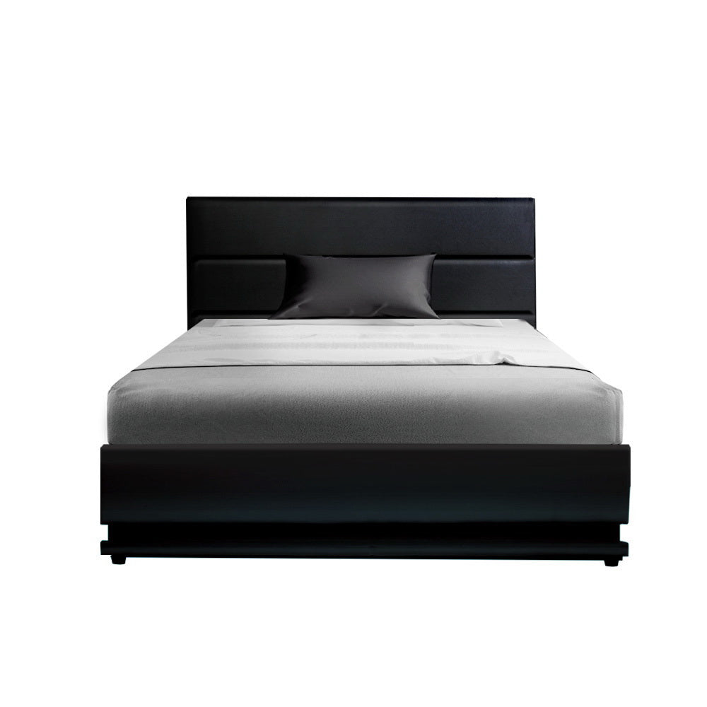 King Single Bed Frame With Gas Lift Storage & RGB LED in Black Leather