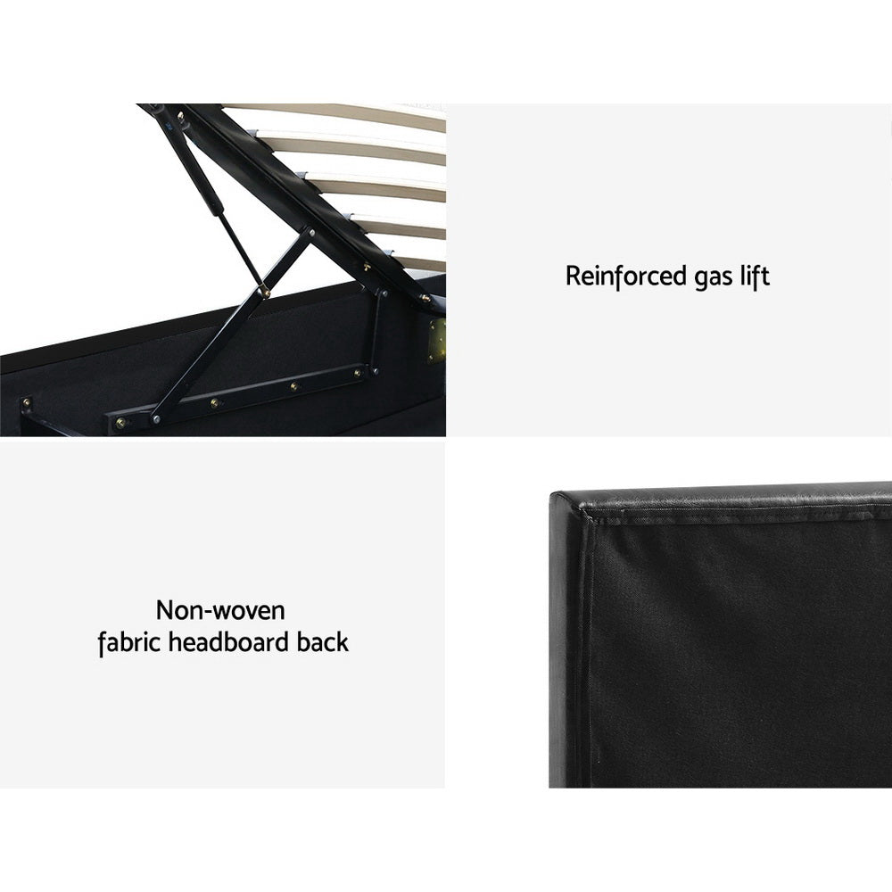 King Single Bed Frame With Gas Lift Storage & RGB LED in Black Leather