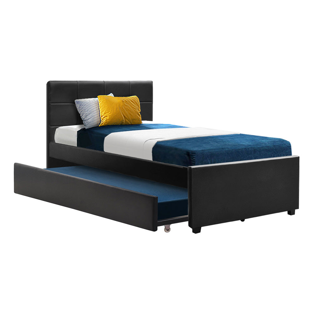 King Single Size Trundle Bed Frame - Black Leather Look