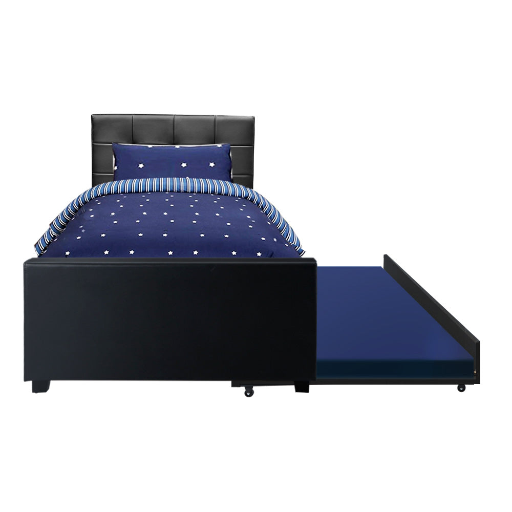King Single Size Trundle Bed Frame - Black Leather Look