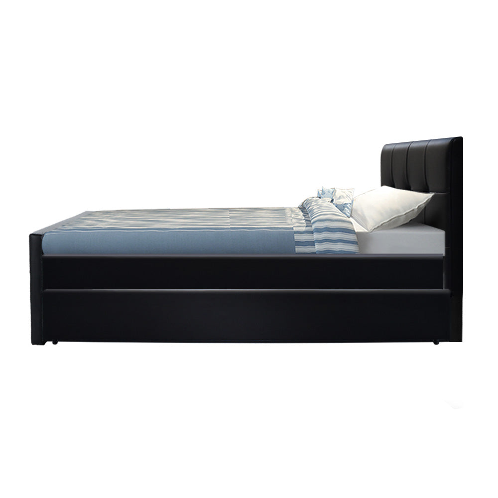 King Single Size Trundle Bed Frame - Black Leather Look