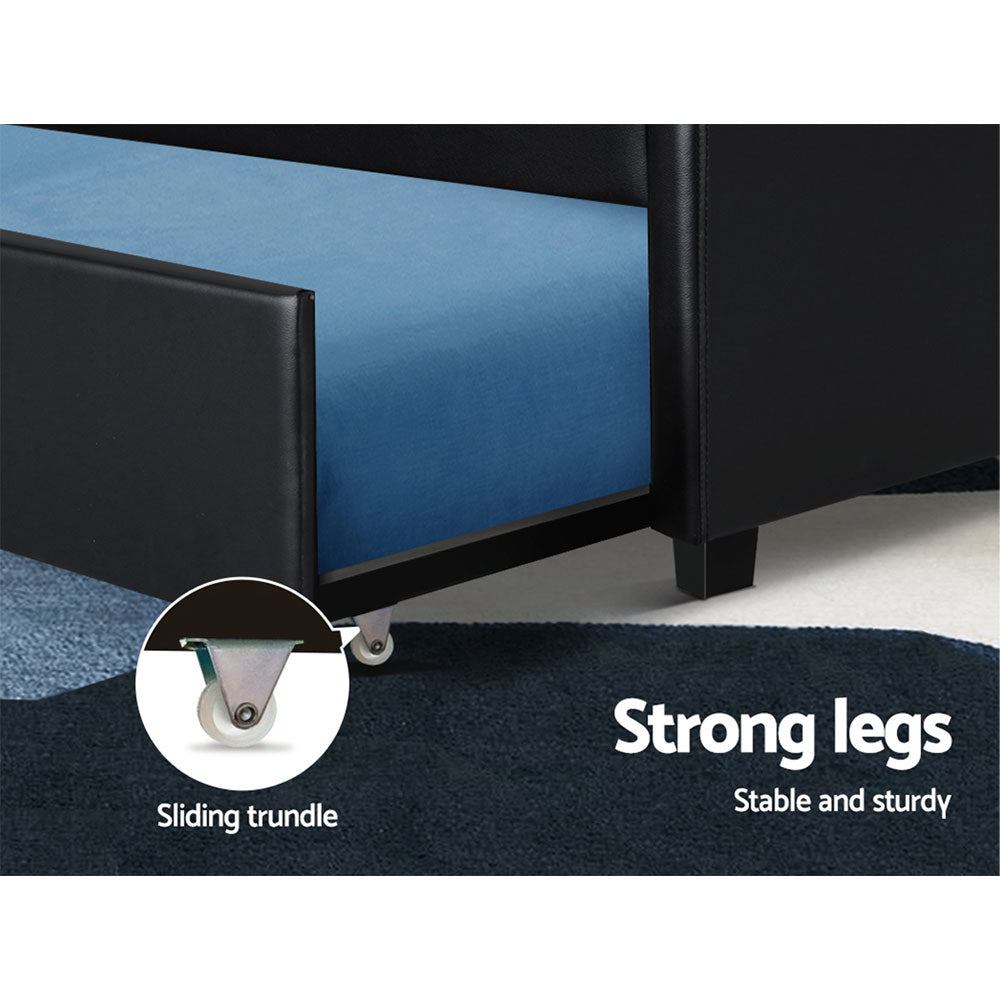 King Single Size Trundle Bed Frame - Black Leather Look
