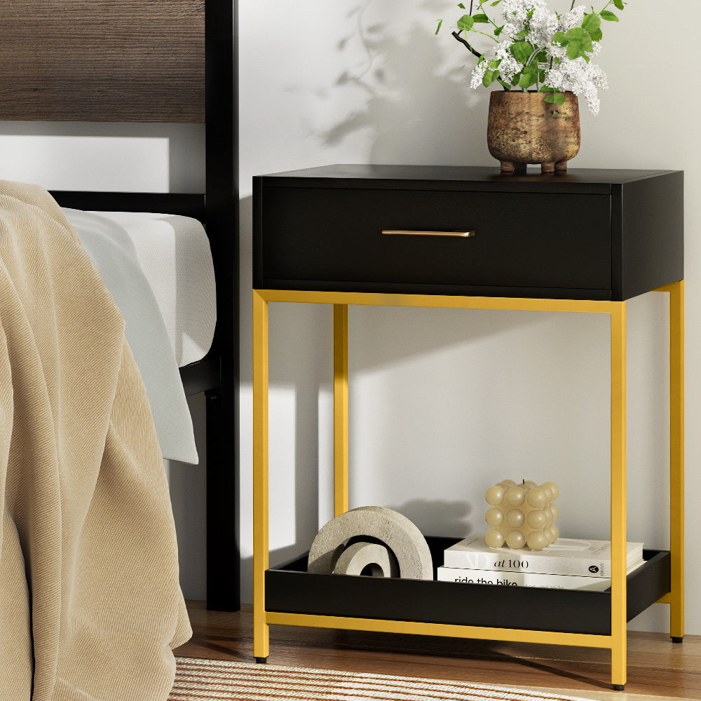 Bedside Table with Drawer and lower shelf - Black
