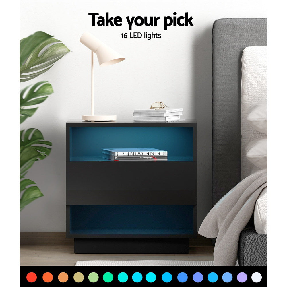 Bedside Table With LED Lit Drawer High Gloss Black