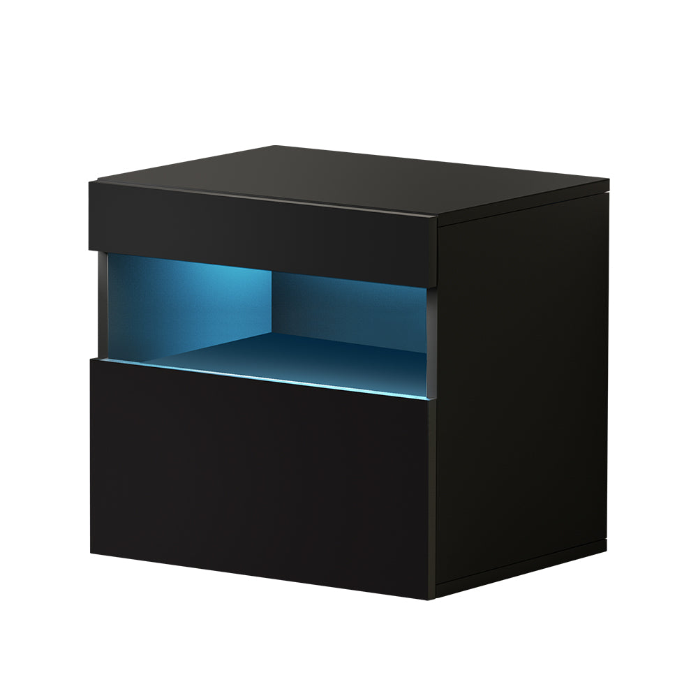 Bedside Table with Drawers RGB LED High Gloss Black