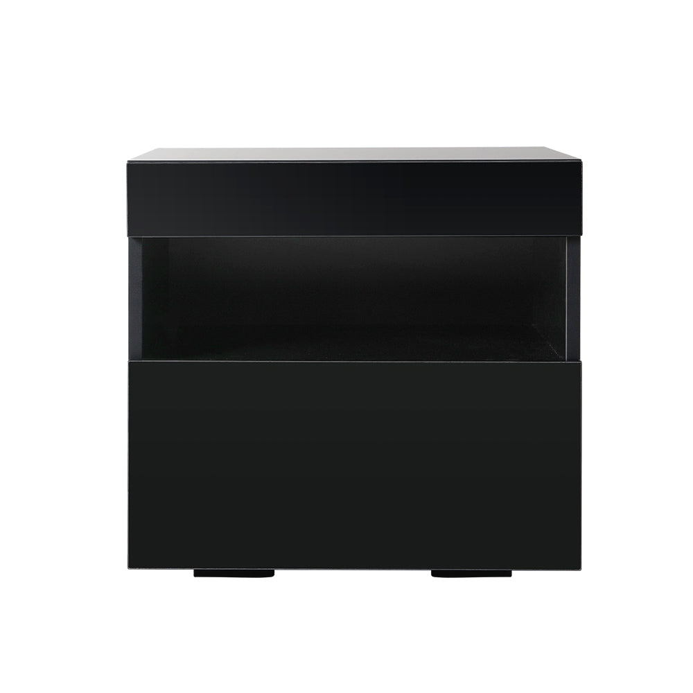 Bedside Table with Drawers RGB LED High Gloss Black