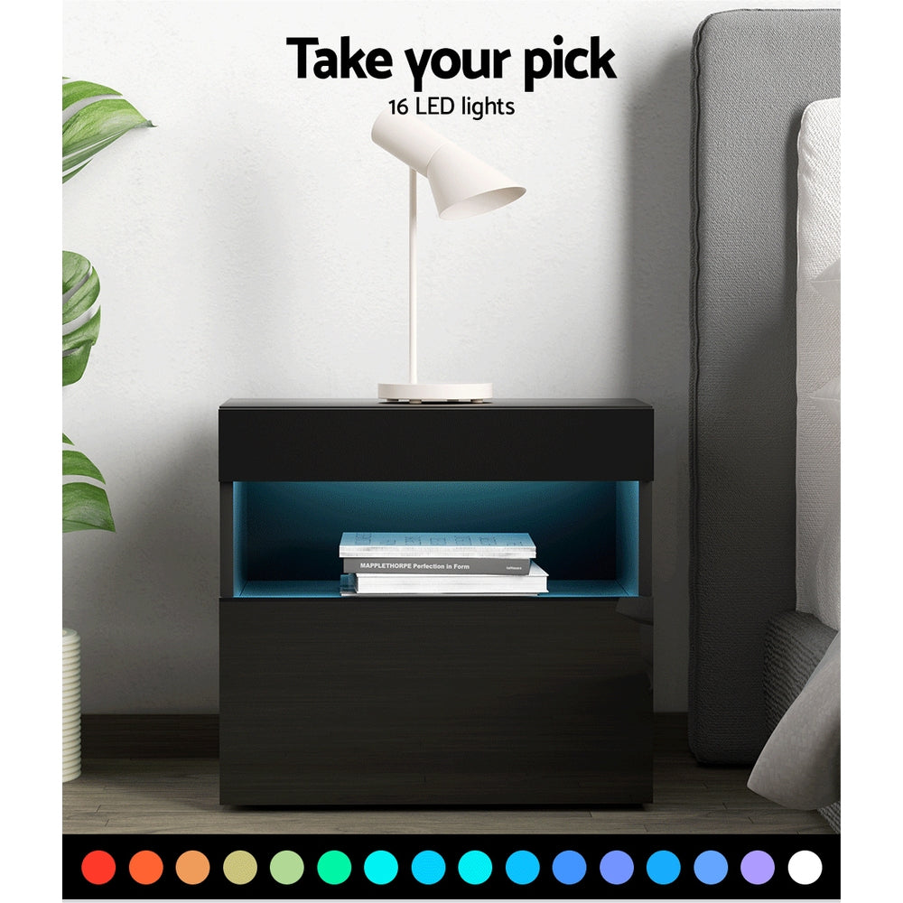 Bedside Table with Drawers RGB LED High Gloss Black