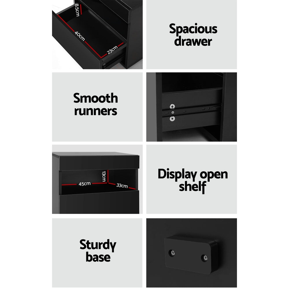 Bedside Table with Drawers RGB LED High Gloss Black