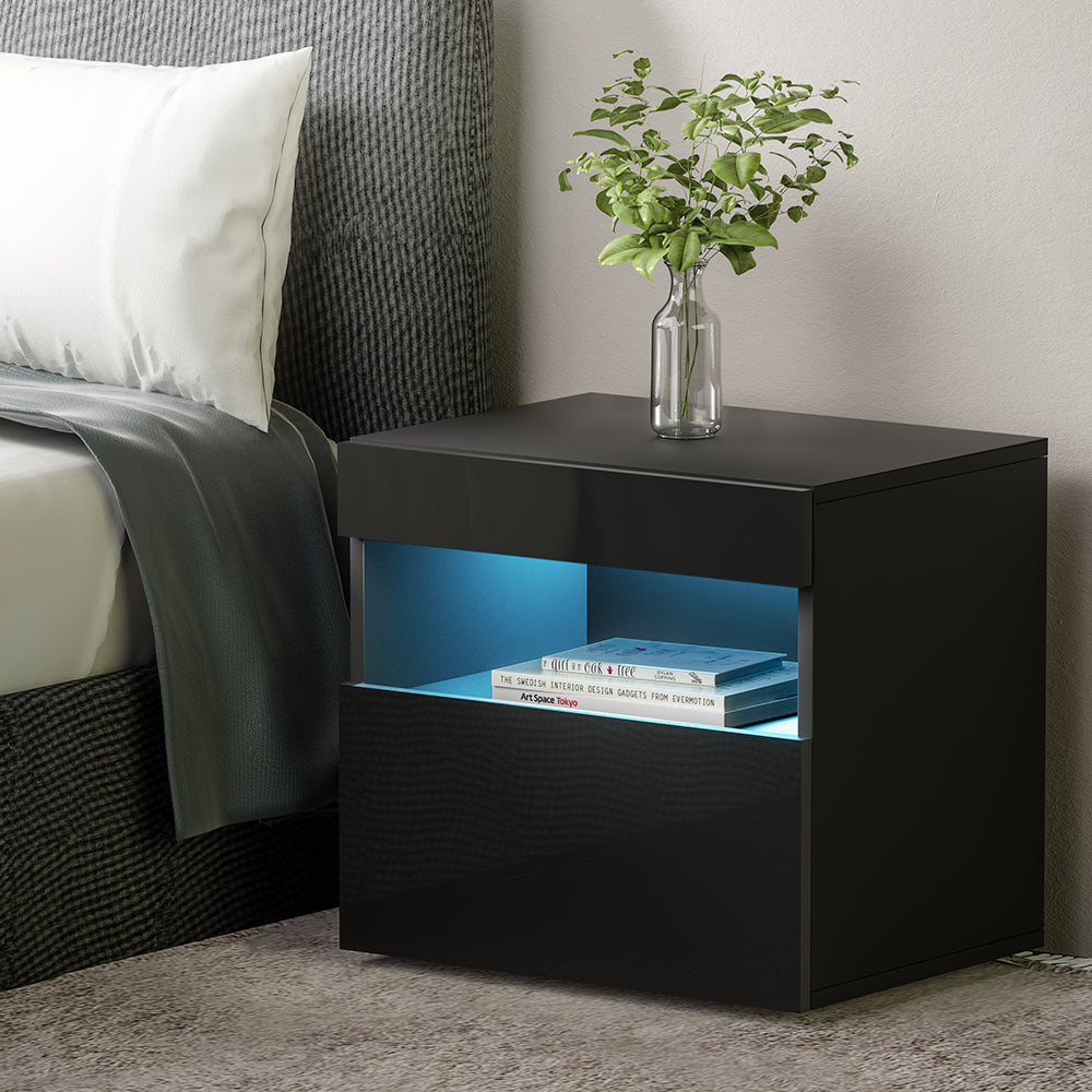 Free Shipping on this Bedside Table with Drawers RGB LED High Gloss Black