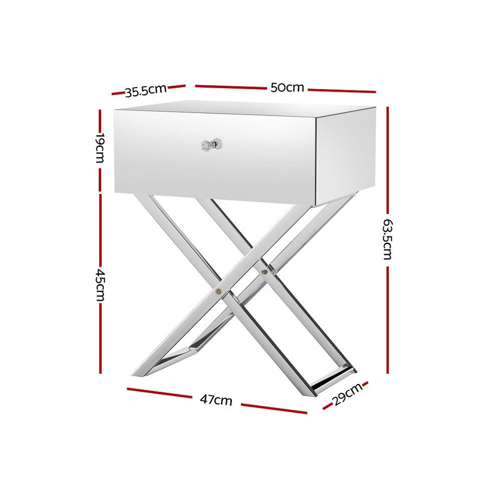 Out of Stock! Mirrored Bedside Table with Drawers - Silver