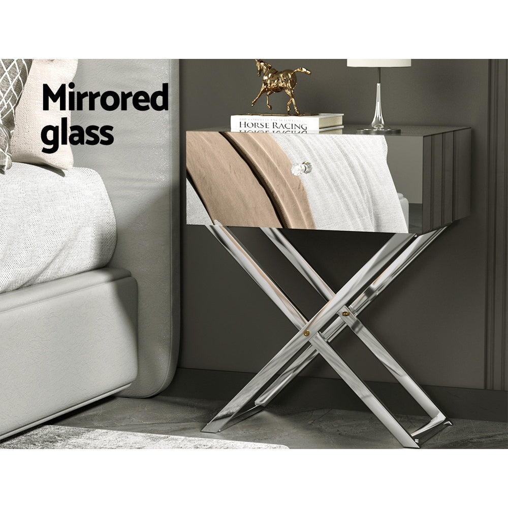 Mirrored Bedside Table with Drawers - Silver