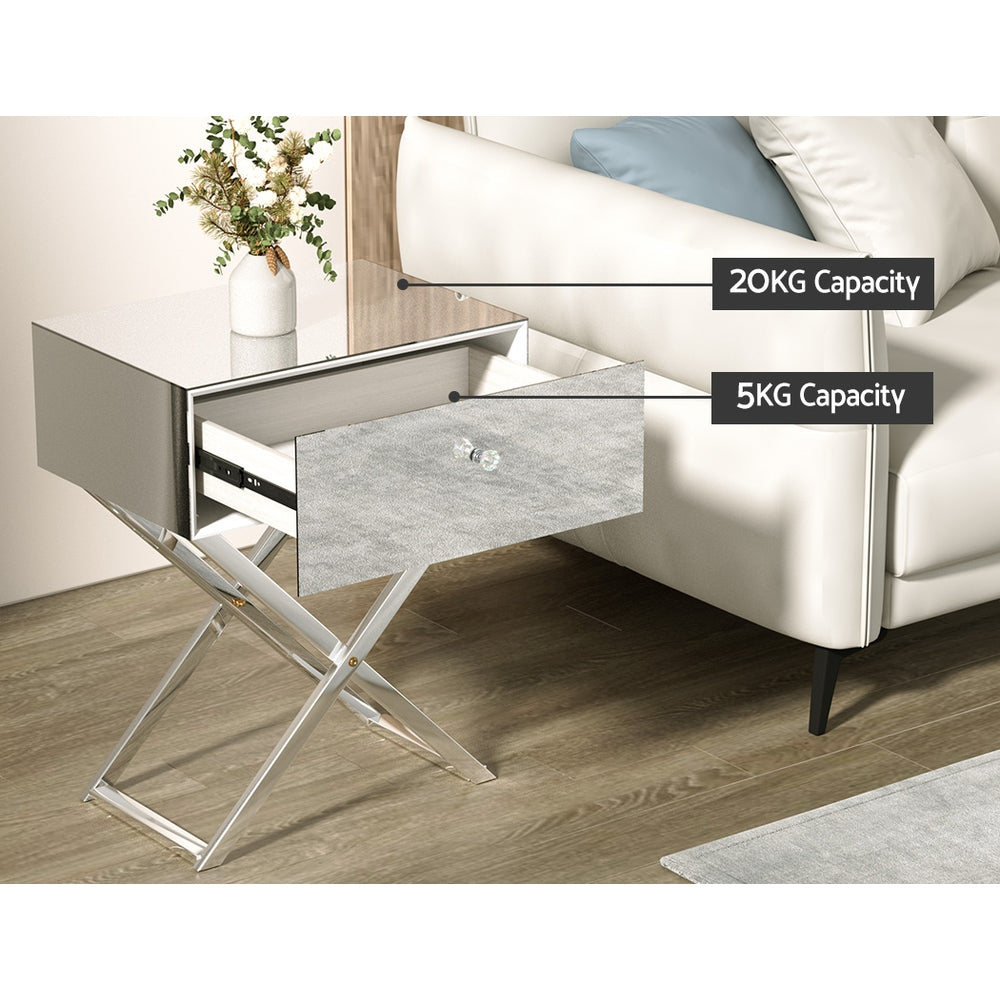 Out of Stock! Mirrored Bedside Table with Drawers - Silver