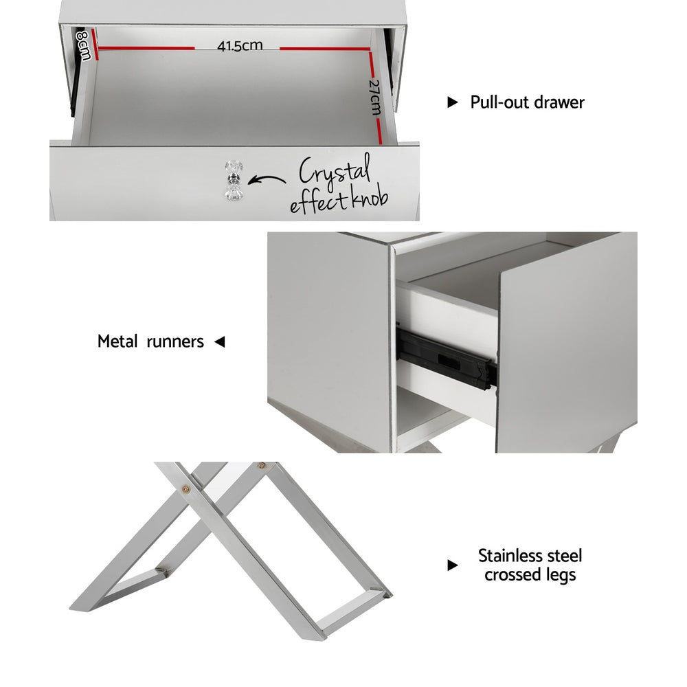 Out of Stock! Mirrored Bedside Table with Drawers - Silver
