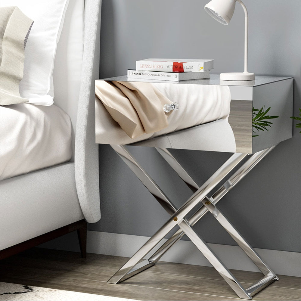 Out of Stock! Mirrored Bedside Table with Drawers - Silver