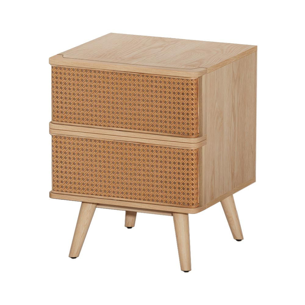 Rattan Bedside Table with Drawers in Oak