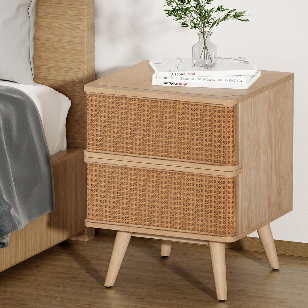 Out of Stock! Rattan Bedside Table with Drawers in Oak