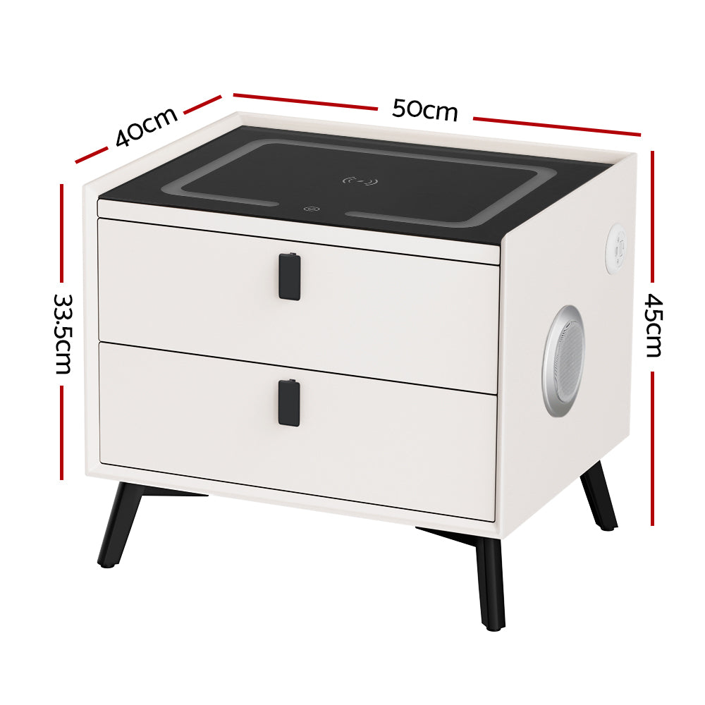 Smart Bedside Table With Two Drawers with Wireless Charging Ports LED White AIKA